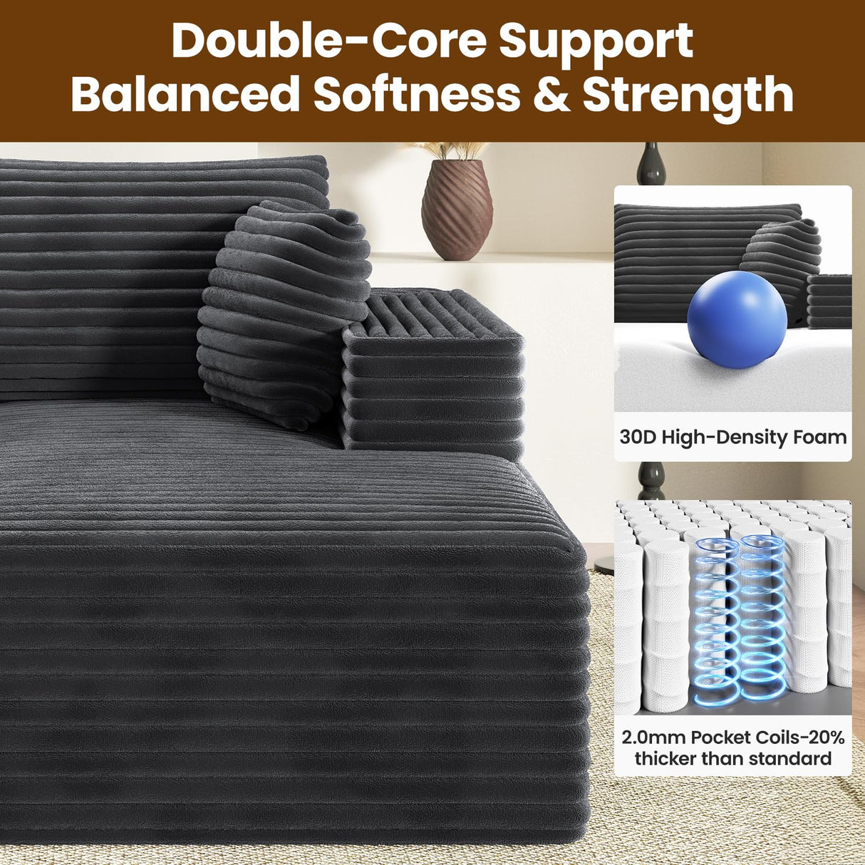 RRESTA 97" Cloud Modular Sectional Sofa, L-Shaped Couch with Left-Facing Chaise, Extra Deep-Seat Plush Corduroy, Comfy Fluffy Cushions, Side Pockets, Black, No Assembly Required, for Living Room RRESTA