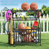 Jsskeeim Garage Sports Equipment Organizer,Sports Ball Organizer with Wheels,Mesh Pocket, Basket,Ball Organizer with Baseball Bat Rack and HooksToy Storage Rolling Cart-Black Jsskeeim