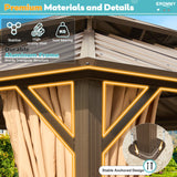 EROMMY 10'x12' Gazebo Hardtop, Galvanized Steel Double Roof Metal Gazebo with Aluminum Frame, Permanent Outdoor Pavilion with Curtain and Netting for Patio, Lawn and Garden EROMMY