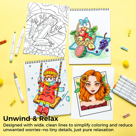 Ohuhu Double-Sided Bleedproof Coloring Book for Alcohol Markers - 4 Sets of 8"x10" Coloring Books - 160 Stress-Relieving Animal Mandala Flower Dessert Portrait Designs for Adults and Teens Ohuhu
