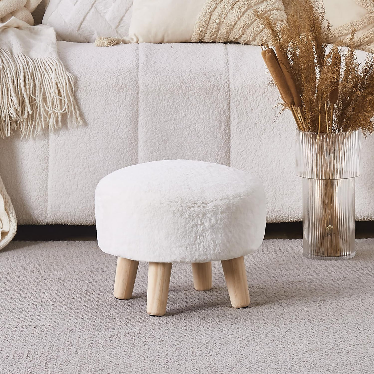 Cpintltr Round Footstool Ottoman Rabbit Wool Mushroom Stool Solid Wood Stool Small Upholstered Ottoman Shoe Changing Foot Stool Step Stool Sofa Footrest Stool for Living Room Bedroom (White) Cpintltr