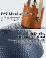 ELYONA 16” Large Ash Wood Pendant Light with Hammered Blue Metal & Brushed Brass Handle Large Pendant Light Fixtures Modern Dome Hanging Lamp for Kitchen Island, Dining Table, Bedroom, Hallway ELYONA