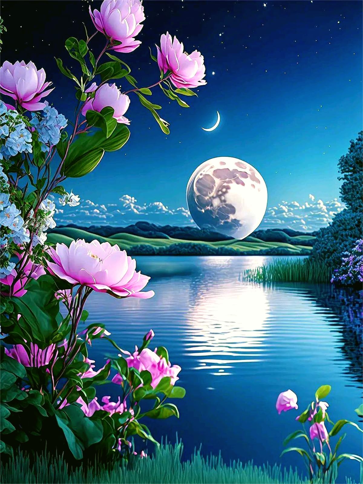 Yunnuo Moon Diamond Painting,Flower Diamond Art Kits for Adults,5D DIY Landscape Diamond Dots Gem Art Painting Kit, Paint with Diamonds Moonscape for Home and Office Wall Decor 12x16inch Yunnuo