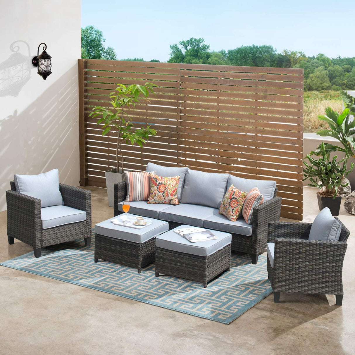 ovios Patio Furniture Set, 5 Pieces Outdoor Wicker Rattan Sofa Couch with Chairs, Ottomans and Comfy Cushions, All Weather High Back Conversation Set Garden Backyard, Grey ovios