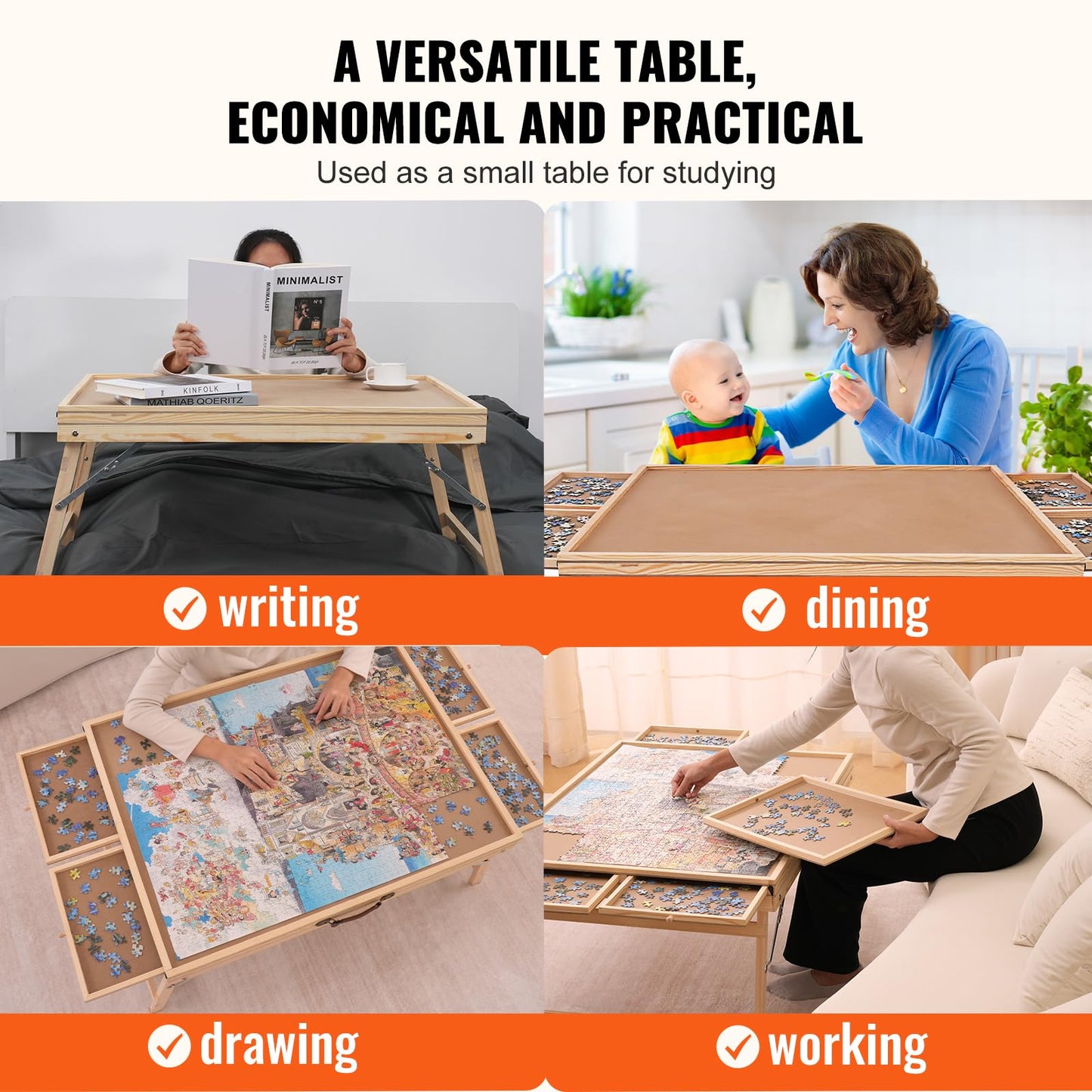 VEVOR 1500 Piece Puzzle Table with Folding Legs, 4 Drawers and Cover, 32.7"x24.6" Wooden Jigsaw Puzzle Plateau, Puzzle Accessories Board for Adults, Puzzle Organizer Storage System, Gift for Mom