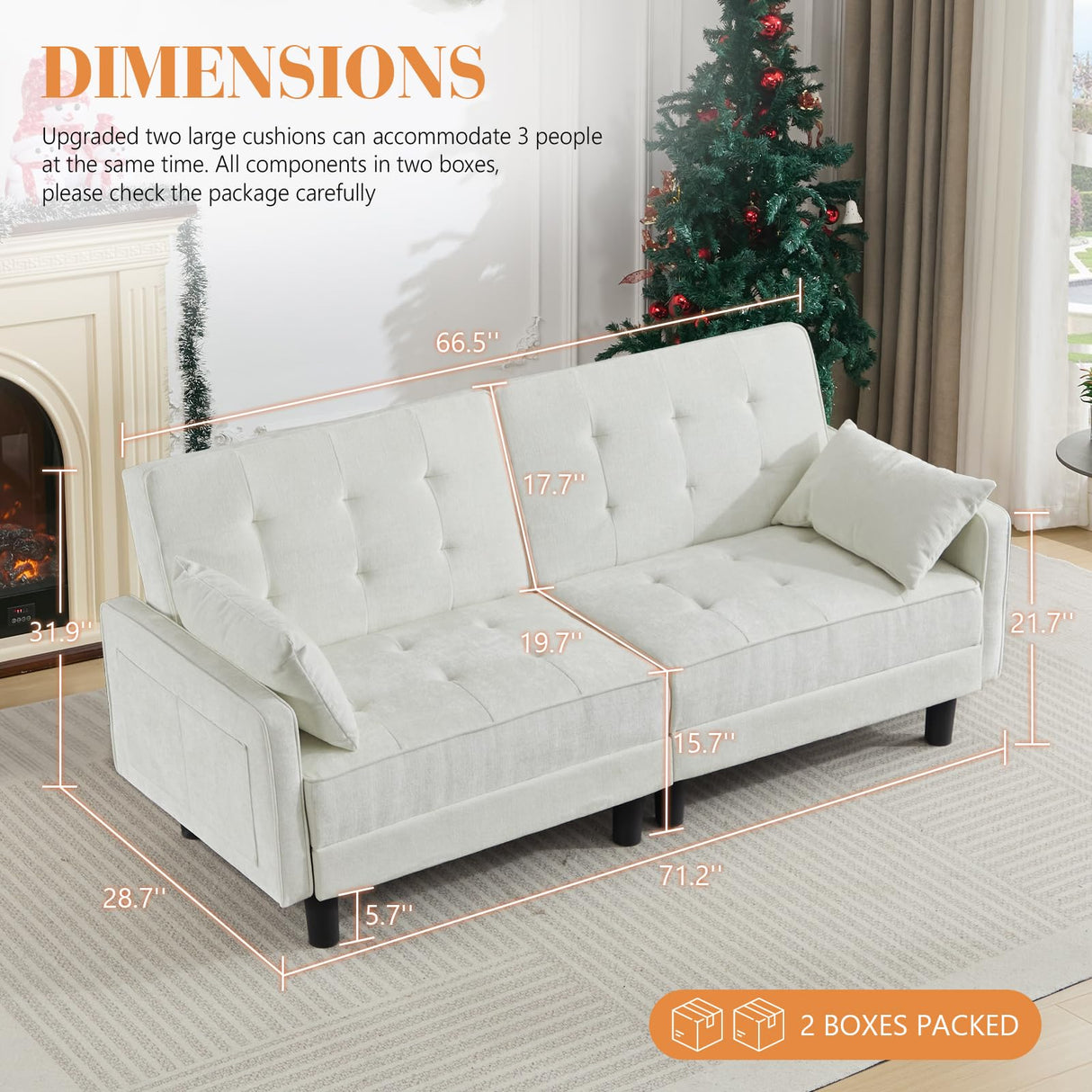 Oprisen Convertible Futon Sofa Bed, Modern Chenille Upholstered Tufted Couch Sleeper with Adjustable Backrest for Living Room, Bedroom, Office, Apartment (White, Loveseat) Oprisen