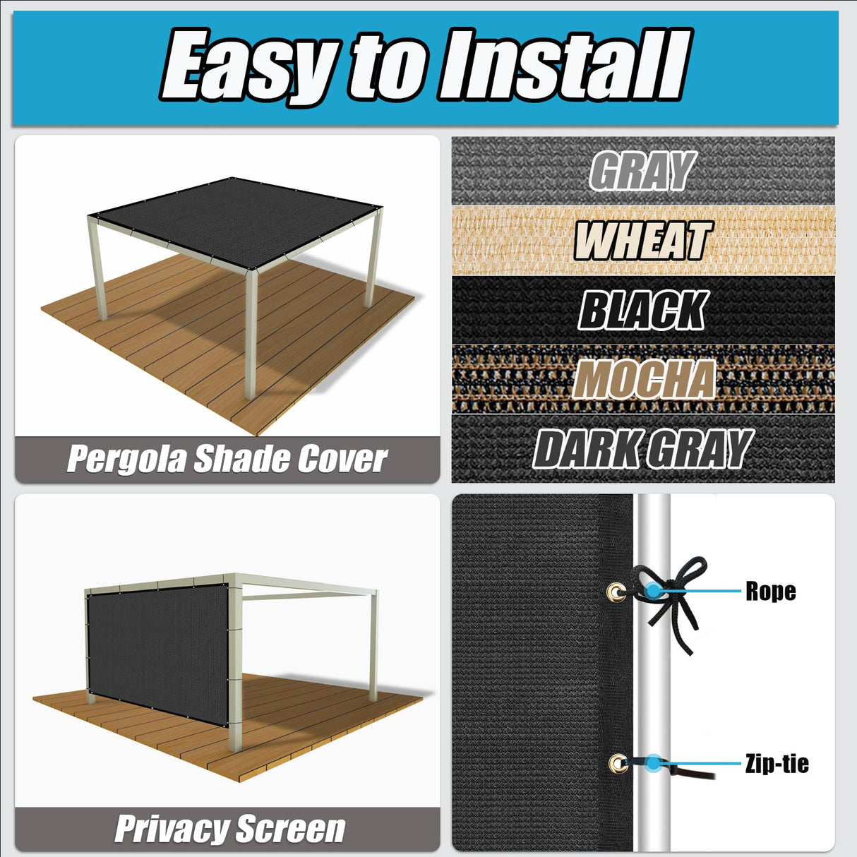 Amagenix 90% Pergola Shade Cover 17'X 18' Dark Grey Sun Shade Cloth with Grommets GN03 for Outdoor Garden Patio Porch-Commercial Grade 200 GSM-Cable Zip Ties Included (We Customized) Amagenix