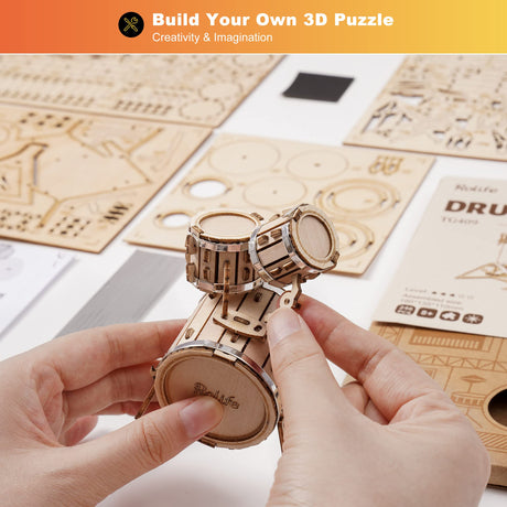 Rolife 3D Wooden Puzzles for Adults Drum kit Musical Instrument Model(TG409) Rolife