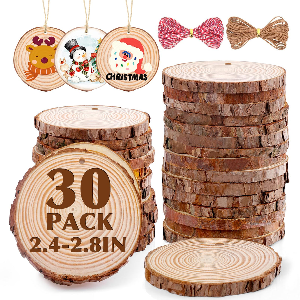30 Pack Wood Slices for Crafts,2.4-2.8In Unfinished Natural Wood Rounds with Tree Bark.Wood Circles Predrilled with Hole and 20m Rope for Centerpiece Table Decorations,Christmas Ornaments,DIY Gifts VKIZA