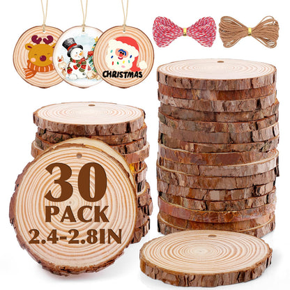 30 Pack Wood Slices for Crafts,2.4-2.8In Unfinished Natural Wood Rounds with Tree Bark.Wood Circles Predrilled with Hole and 20m Rope for Centerpiece Table Decorations,Christmas Ornaments,DIY Gifts