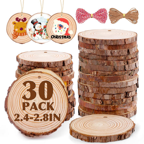 30 Pack Wood Slices for Crafts,2.4-2.8In Unfinished Natural Wood Rounds with Tree Bark.Wood Circles Predrilled with Hole and 20m Rope for Centerpiece Table Decorations,Christmas Ornaments,DIY Gifts VKIZA