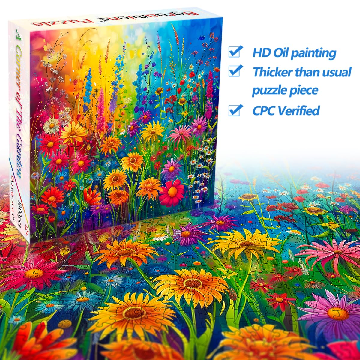 Bgraamiens Puzzle-Small Rainbow Flowers in The Garden 1000 Pieces Puzzles for Adults,Flower Puzzle for Adults,Color Challenging Puzzle Bgraamiens