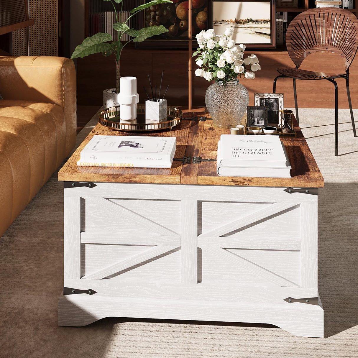 MXV Farmhouse Coffee Table with Storage, Square Coffee Tables for Living Room, Rustic Wood Center Table with Hinged Lifting Tabletop for Home, White MXV