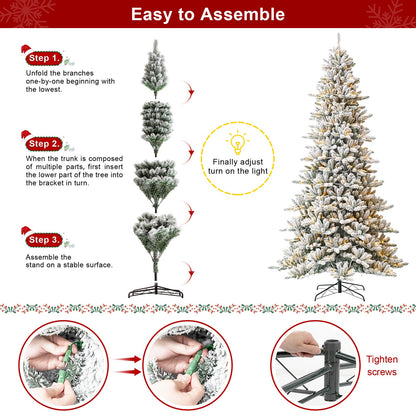 Glitzhome 10ft Pre-Lit Flocked Fir Christmas Tree, Hinged Artificial Christmas Tree with 750 Warm White Lights and Metal Base for Holiday Decoration