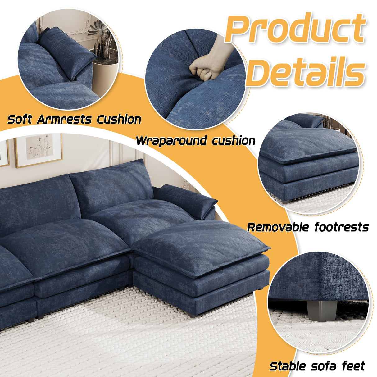 Shahoo Sectional Modular Sofa U Shaped Chenille Fabric Couch with High Supportive & Soft Sponges and Removable Ottoman, Sleeper Comfy Upholstered Furniture for Living Room, Blue Shahoo