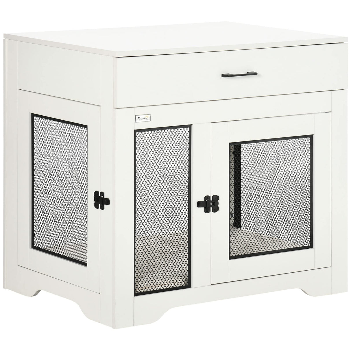 PawHut Dog Crate Furniture with Soft Water-Resistant Cushion, Dog Kennel End Table with Drawer, Puppy Crate for Small Dogs Indoor with 2 Doors, White PawHut