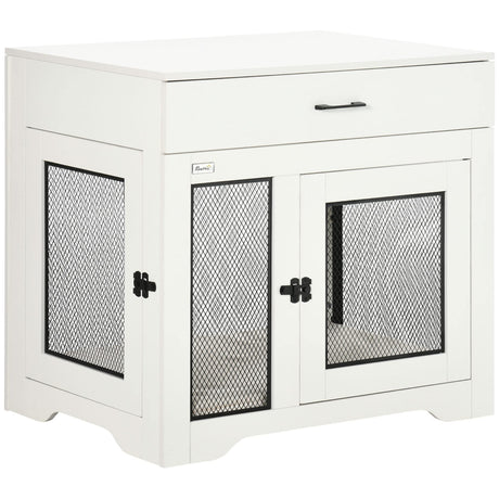 PawHut Dog Crate Furniture with Soft Water-Resistant Cushion, Dog Kennel End Table with Drawer, Puppy Crate for Small Dogs Indoor with 2 Doors, White PawHut