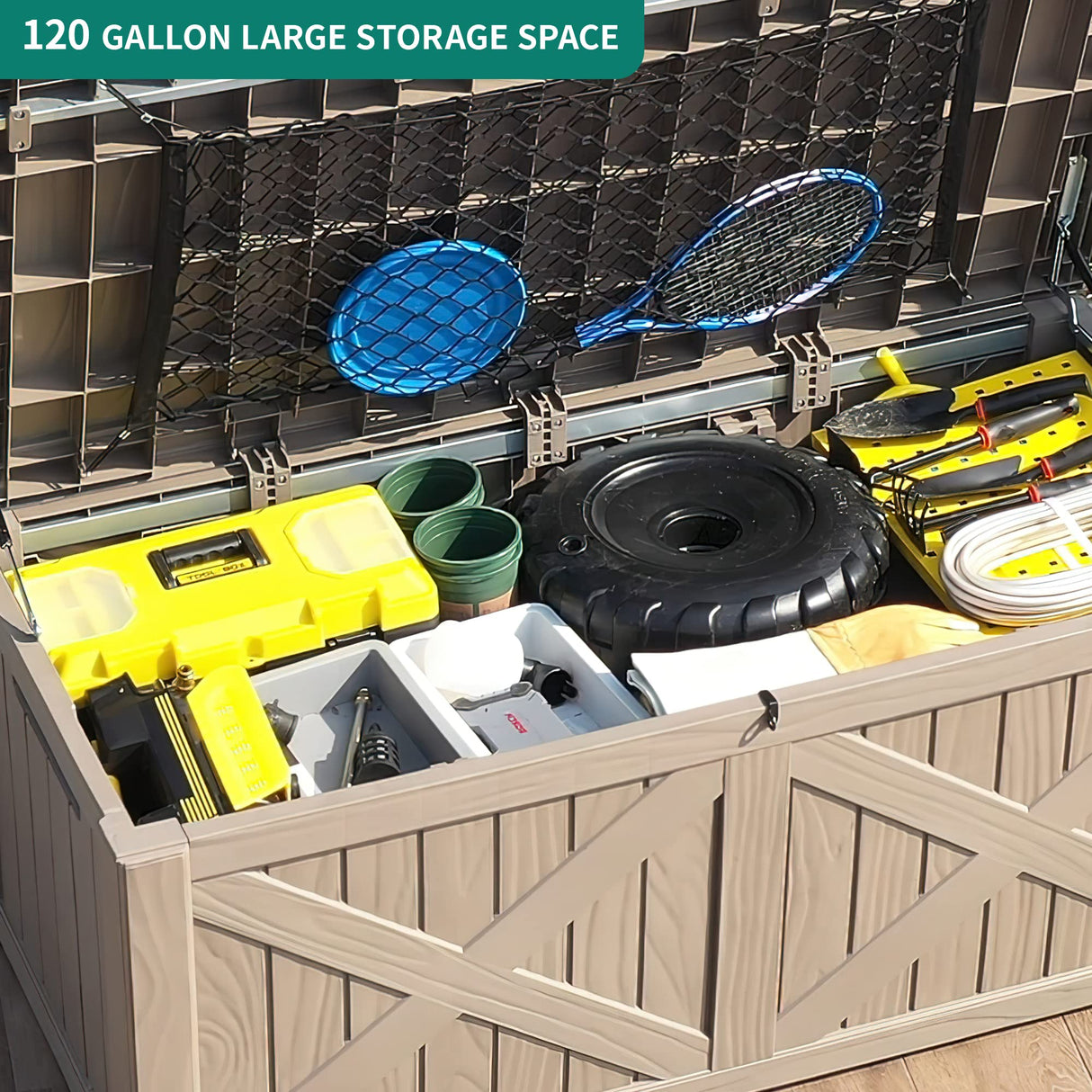 YITAHOME 120 Gallon Large Deck Box w/Flexible Divider & Storage Net, Resin Outdoor Storage Boxes, Waterproof Cushion Storage Bench for Patio, Pool Supplies, Garden Tools - Lockable, Light Brown YITAHOME