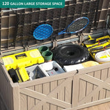 YITAHOME 120 Gallon Large Deck Box w/Flexible Divider & Storage Net, Resin Outdoor Storage Boxes, Waterproof Cushion Storage Bench for Patio, Pool Supplies, Garden Tools - Lockable, Light Brown YITAHOME