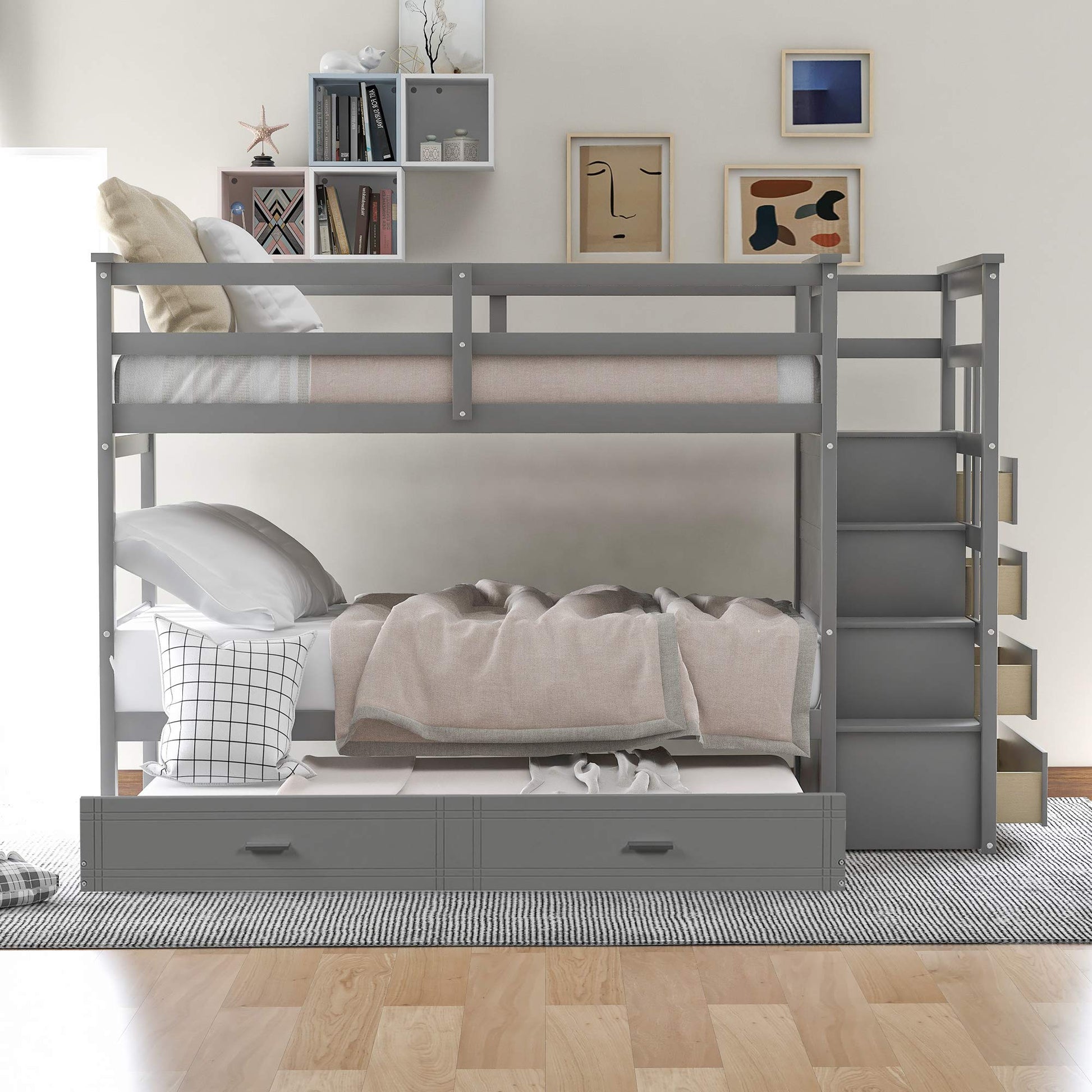 Bellemave Grey Twin Over Twin Bunk Bed with Trundle, 4 Storage Drawers, Staircase & Safety Guard Rails - WoodArtSupply