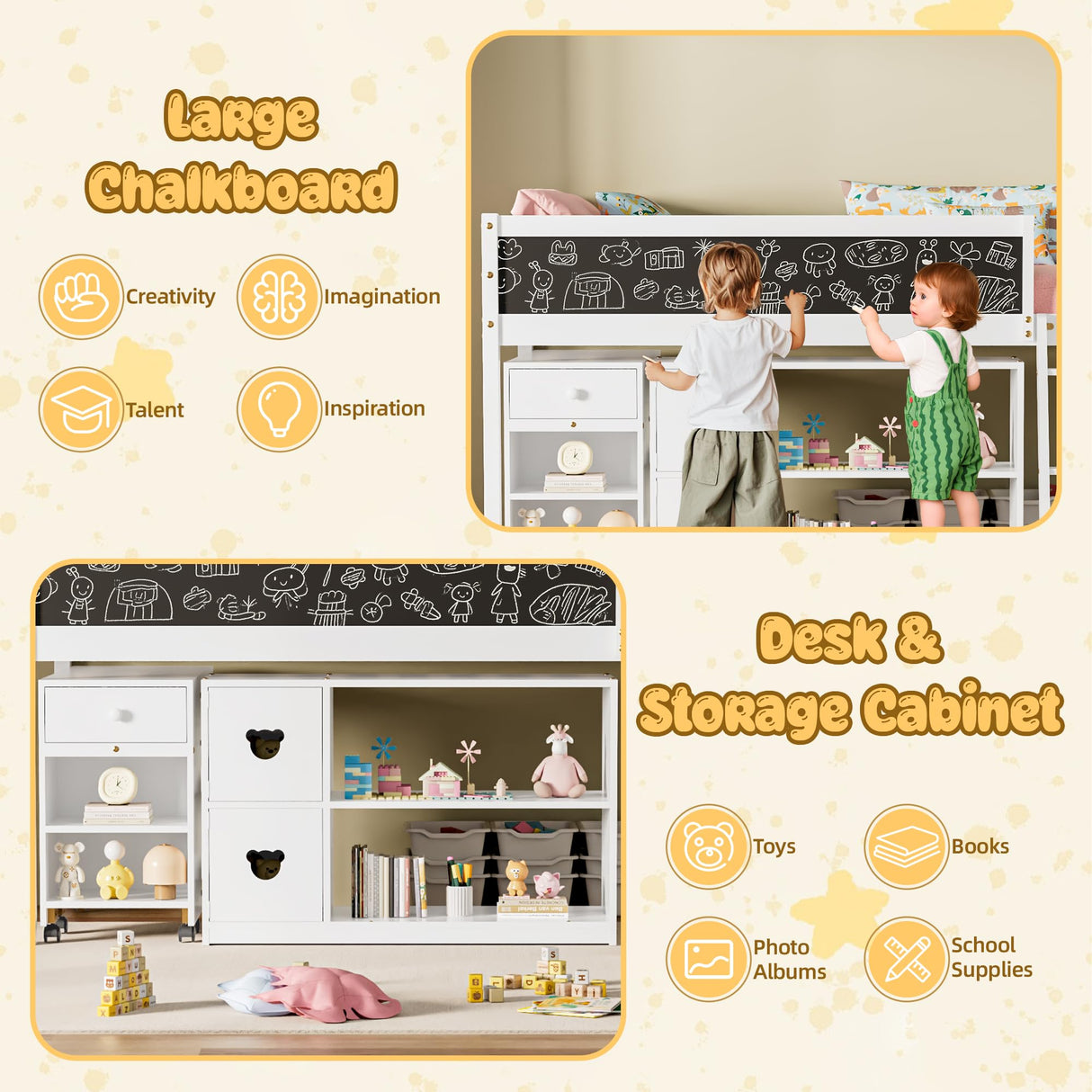 TOLEAD Low Loft Bed with Desk, Solid Wood Twin Low Loft Bed with Storage Cabinet, Blackboard, Ladder and Guardrail for Kids Juniors Boys Girls, No Box Spring Needed, White TOLEAD