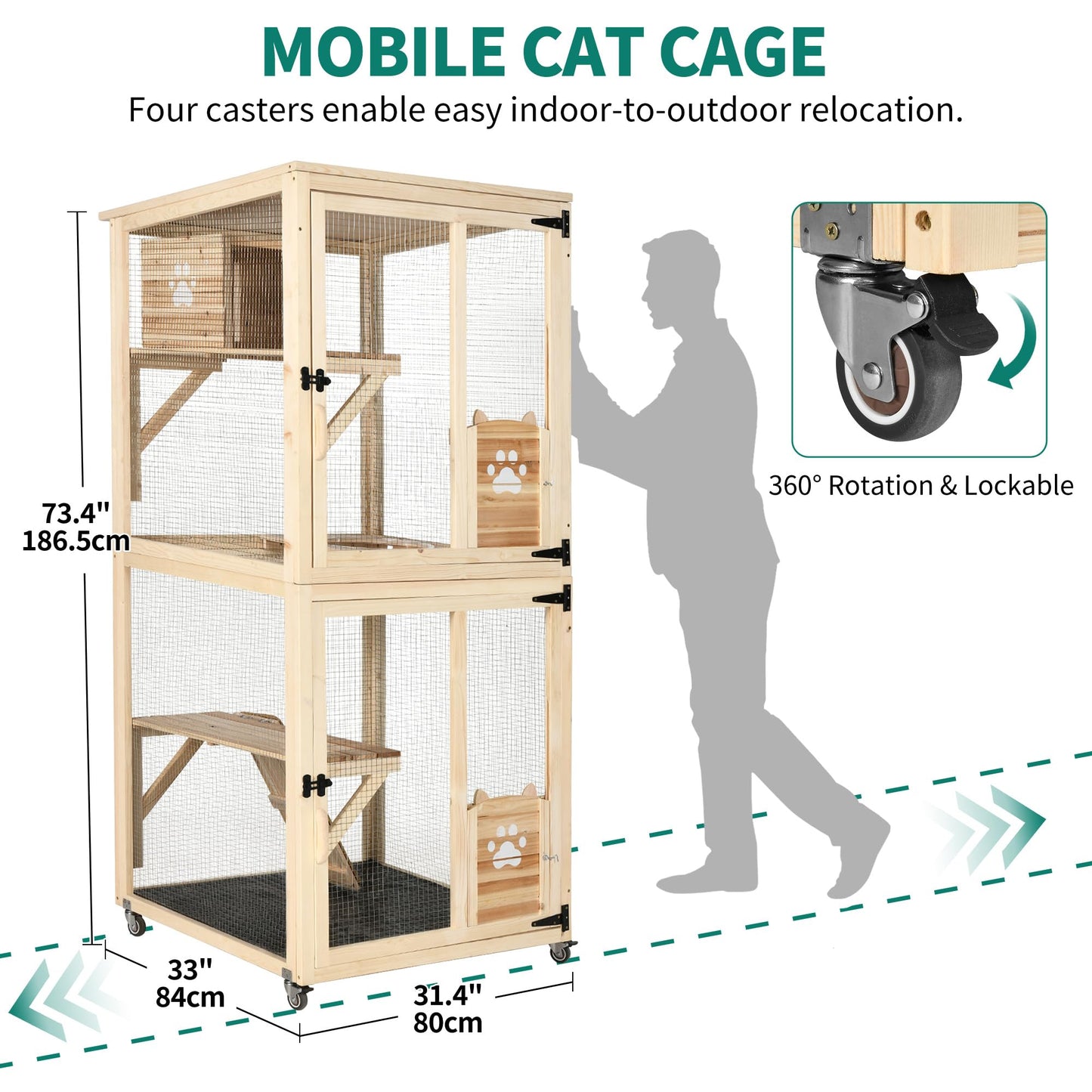 YITAHOME Cat House 70.9" Catio Outdoor Cat Enclosure on Wheels Wooden Cat Cage with Cat Space Capsule Bed and Cat Scratcher Ramp, Cat Patio Waterproof Roof(Natural)