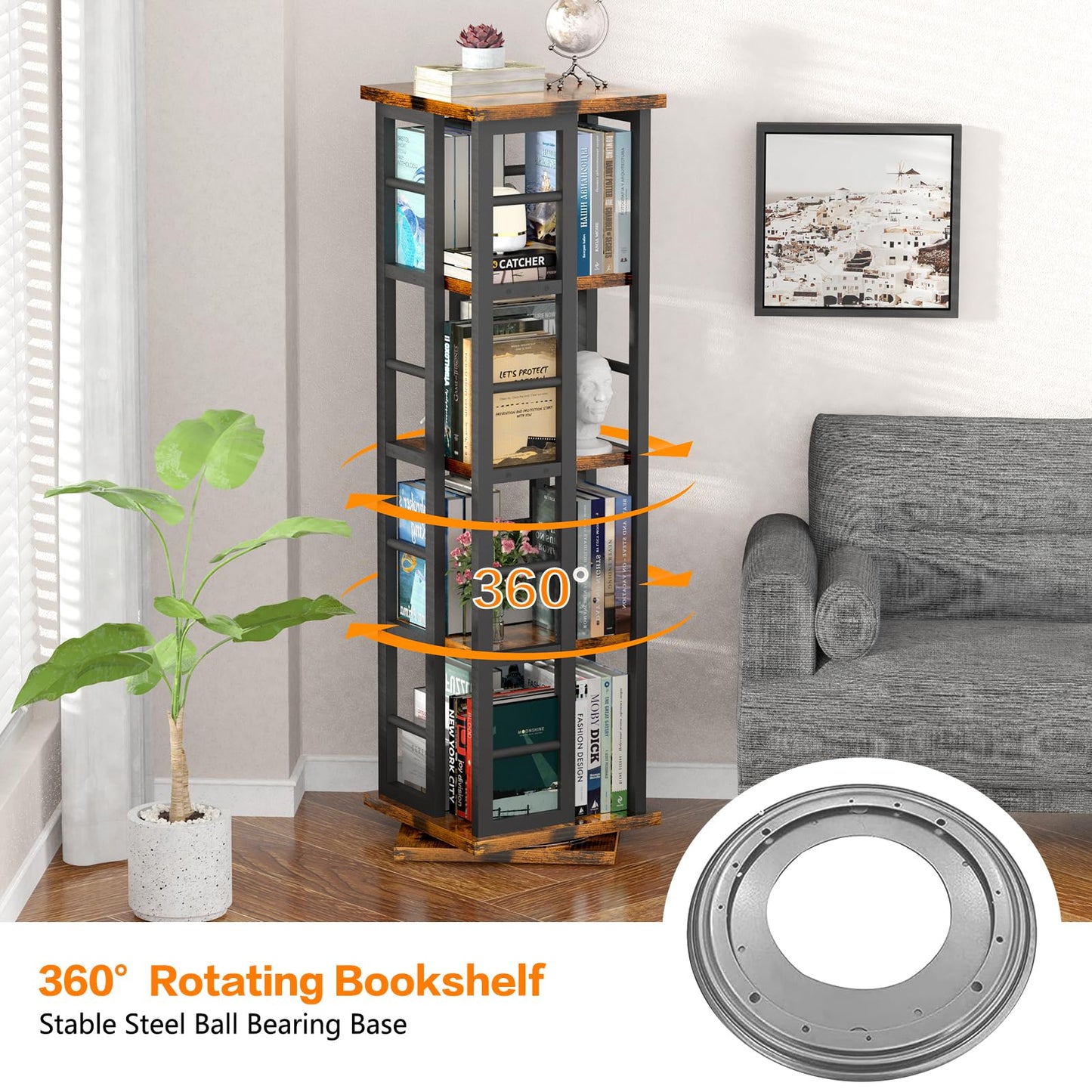 EasyCom 360° Rotating Wood Bookshelf with Metal Frame - 4-Tier Corner Storage for Living Room and Office, Brown - WoodArtSupply