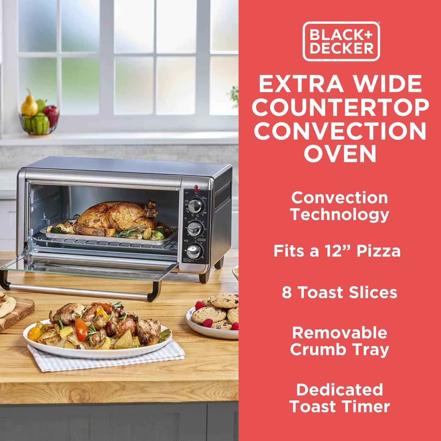 BLACK+DECKER 8-Slice Extra Wide Convection Toaster Oven, Fits 9"x13" Oven Pans and 12" Pizza, Bake, Toast, Broil, and Keep Warm Functions, Countertop Compact Design with Stainless Steel Finish