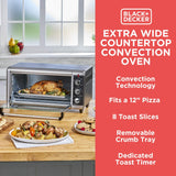 BLACK+DECKER 8-Slice Extra Wide Convection Toaster Oven, Fits 9"x13" Oven Pans and 12" Pizza, Bake, Toast, Broil, and Keep Warm Functions, Countertop Compact Design with Stainless Steel Finish BLACK+DECKER