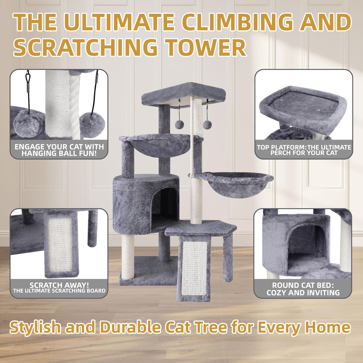 Xin Three Layer Cat Tree with Cat Condo and Two Hammocks,Grey Smouatou