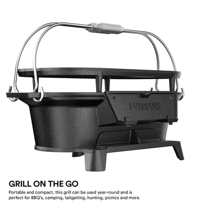 Everdure Oval Cast Iron Grill & Cover – Outdoor, Portable Charcoal Grill and Tabletop Cast Iron Skillet - 100% Cast Iron, Enameled, Durable, Small Charcoal Grill, Camping Stove, Hibachi Grill