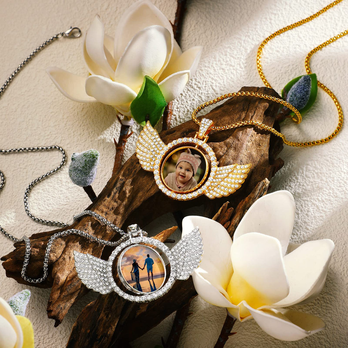 Junkin 24 Pcs Sublimation Rhinestone Trays Pendant Set, Including 6 Double Sided Blank Rhinestone Bezel Trays, 6 Pcs Thick Chains with 12 Sublimation Discs for Making (Sliver and Gold) Junkin