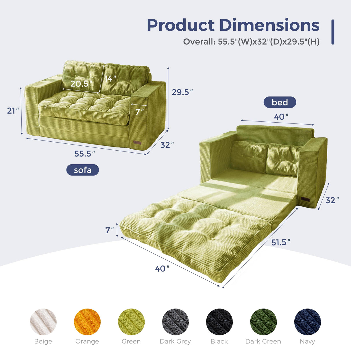 MAXYOYO Convertible Sofa Bed, Pull Out Loveseat Sleeper Sofa, 2 in 1 Folding Couch Bed, Fold Out Floor Couch with Pillows for Living Room Bedroom Lounge, Green MAXYOYO