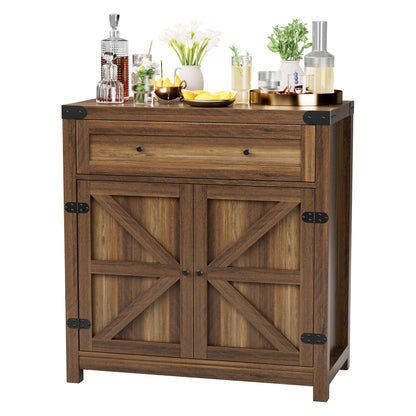 JUMMICO Coffee Bar Cabinet Farmhouse Kitchen Sideboard Buffet Cabinet with Drawer and Adjustable Shelf Barn Door Storage Cabinet for Kitchen, Dining Room, Bathroom, Entryway (Brown) - WoodArtSupply