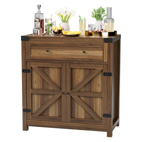 JUMMICO Coffee Bar Cabinet Farmhouse Kitchen Sideboard Buffet Cabinet with Drawer and Adjustable Shelf Barn Door Storage Cabinet for Kitchen, Dining Room, Bathroom, Entryway (Brown) JUMMICO