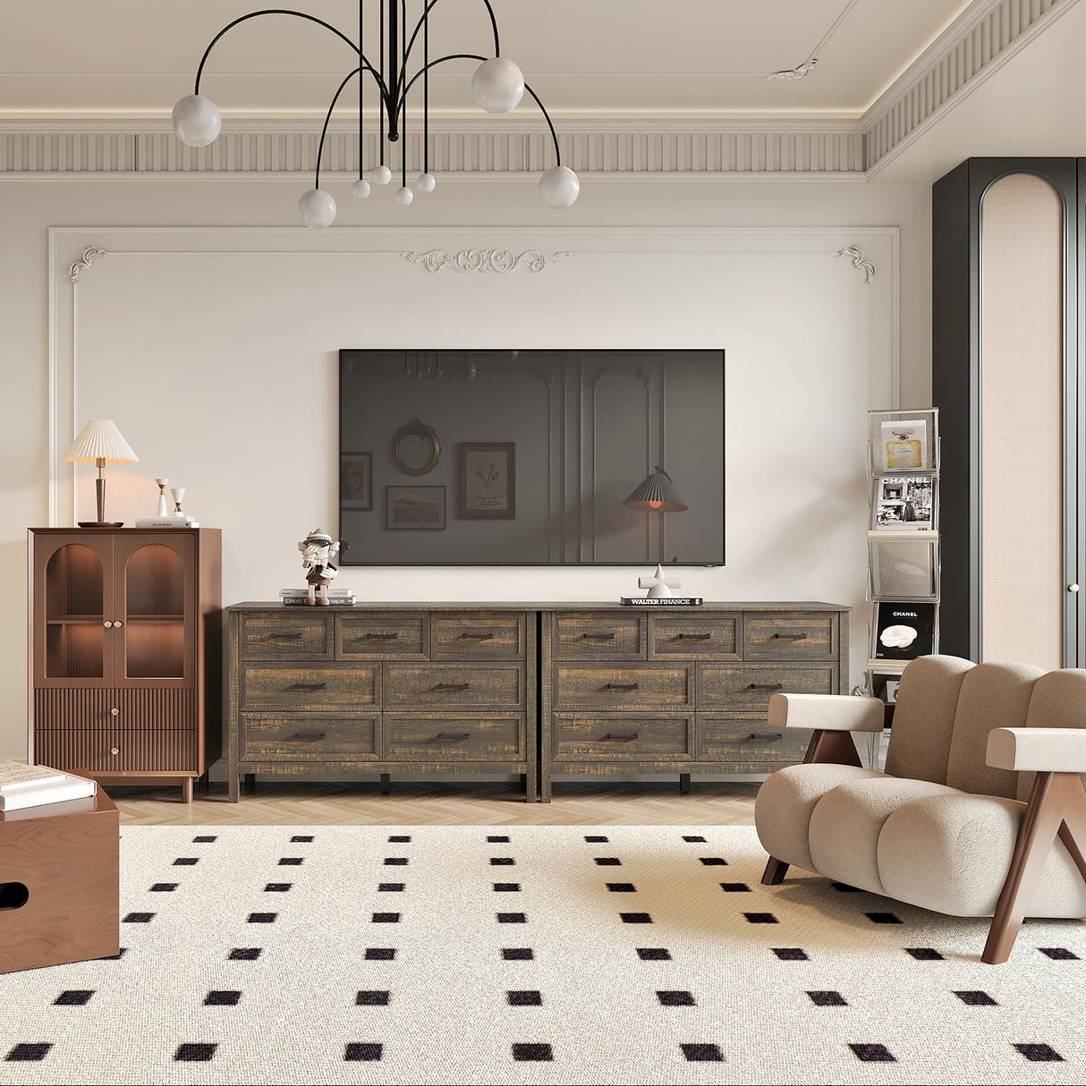 BAZELOR Farmhouse 7 Drawers Dresser for Bedroom, Wood Rustic Wide Chest with Natural Texture, Farmhouse Chest of Drawers for Bedroom, Hallway, Entryway, Dark Brown BAZELOR