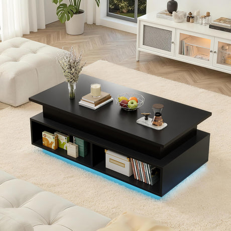 YESHOMY 40" Lift Top Coffee Table with Hidden Storage & Multi-Color LED Lights, Modern Square Wood Table with 4 Open Shelves for Living Room and Small Space, Black YESHOMY