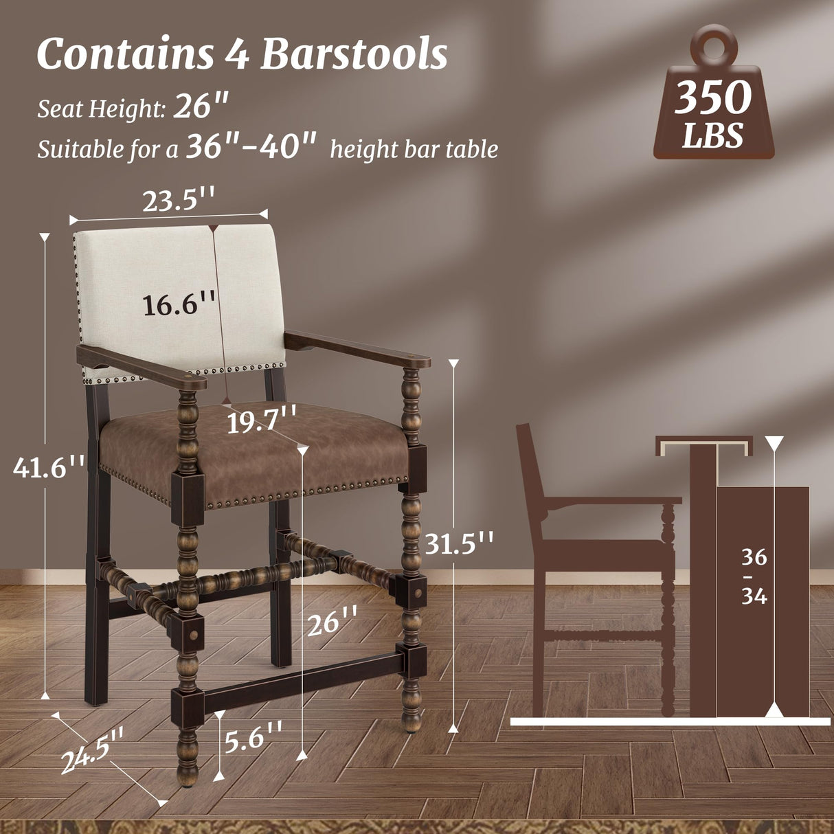 Cozyman Counter Height Bar Stools Set of 4, 26''French Leather Barstools with Arms and Backrest, Counter Stool with Solid Rubberwood Frame, Upholstered Farmhouse Bar Stools, Linen Color-Espresso Cozyman