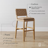 Nathan James Cohen Mid-Century Modern 29 in. Wood Bar Stool, Upholstered Faux Leather Bar Height Stool with Solid Wood Frame, Natural Brown Nathan James