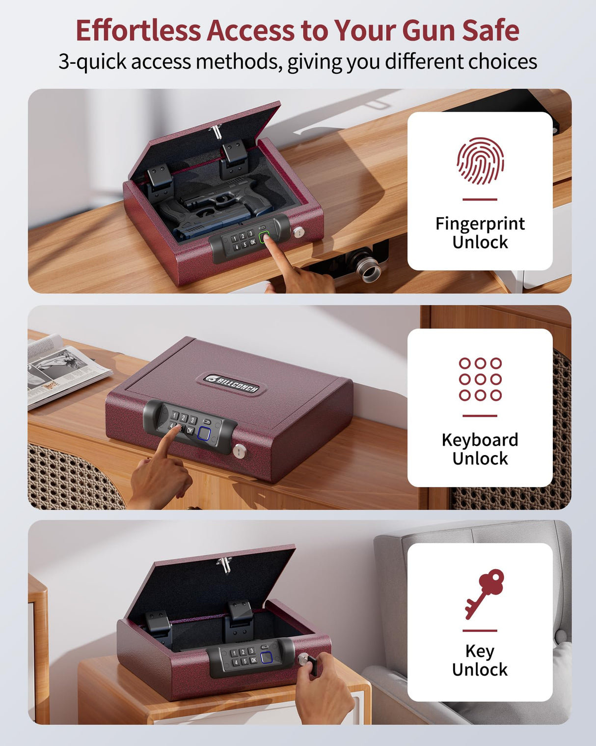 Gun Safe,Biometric Gun Safe for Pistols 3-Ways unlock Fingerprint Digital PIN Key Unlock with Voice,Lock box for Cloakroom living room Bedroom Nightstand and Car BILLCONCH - Burgundy Red BILLCONCH