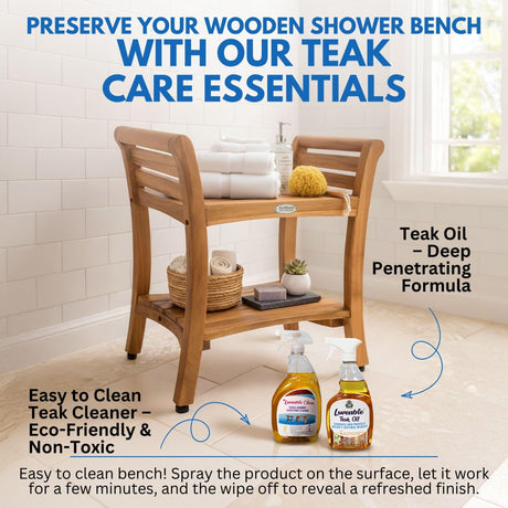 EcoDecors Symmetry 24 Inch Natural Color Waterproof Teak Wood Shower Bench Stool Seat Chair For Inside Shower Storage Shelf Provides Safety, Storage, and Organization For Bathroom Accessories EcoDecors