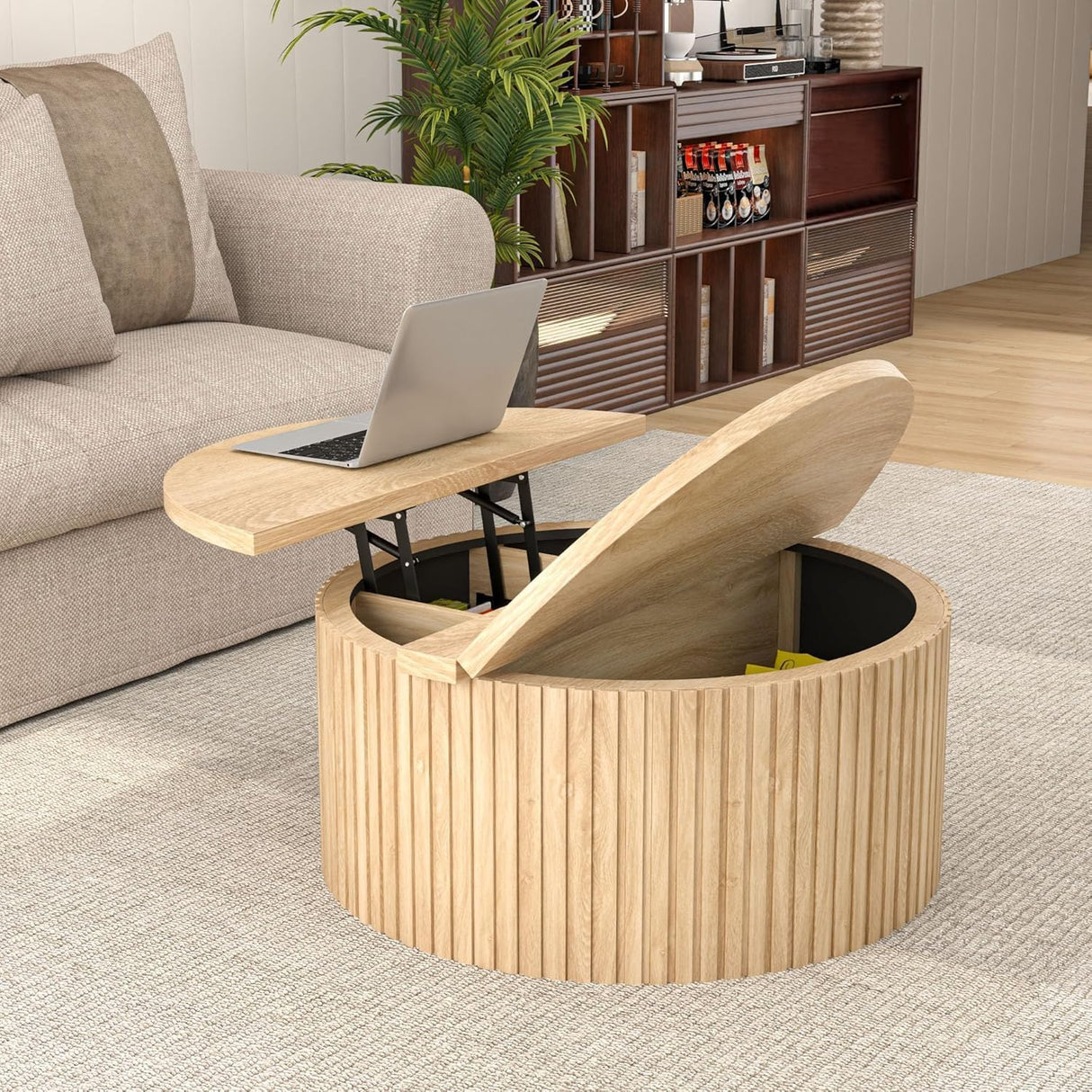 Fsbecl Lift Top Coffee Table with Storage, Round Coffee Tables for Living Room, 34.6'' Farmhouse Fluted Coffee Table, Wood Center Table with Large Hiddern Storage Compartment (Wood Color) Fsbecl