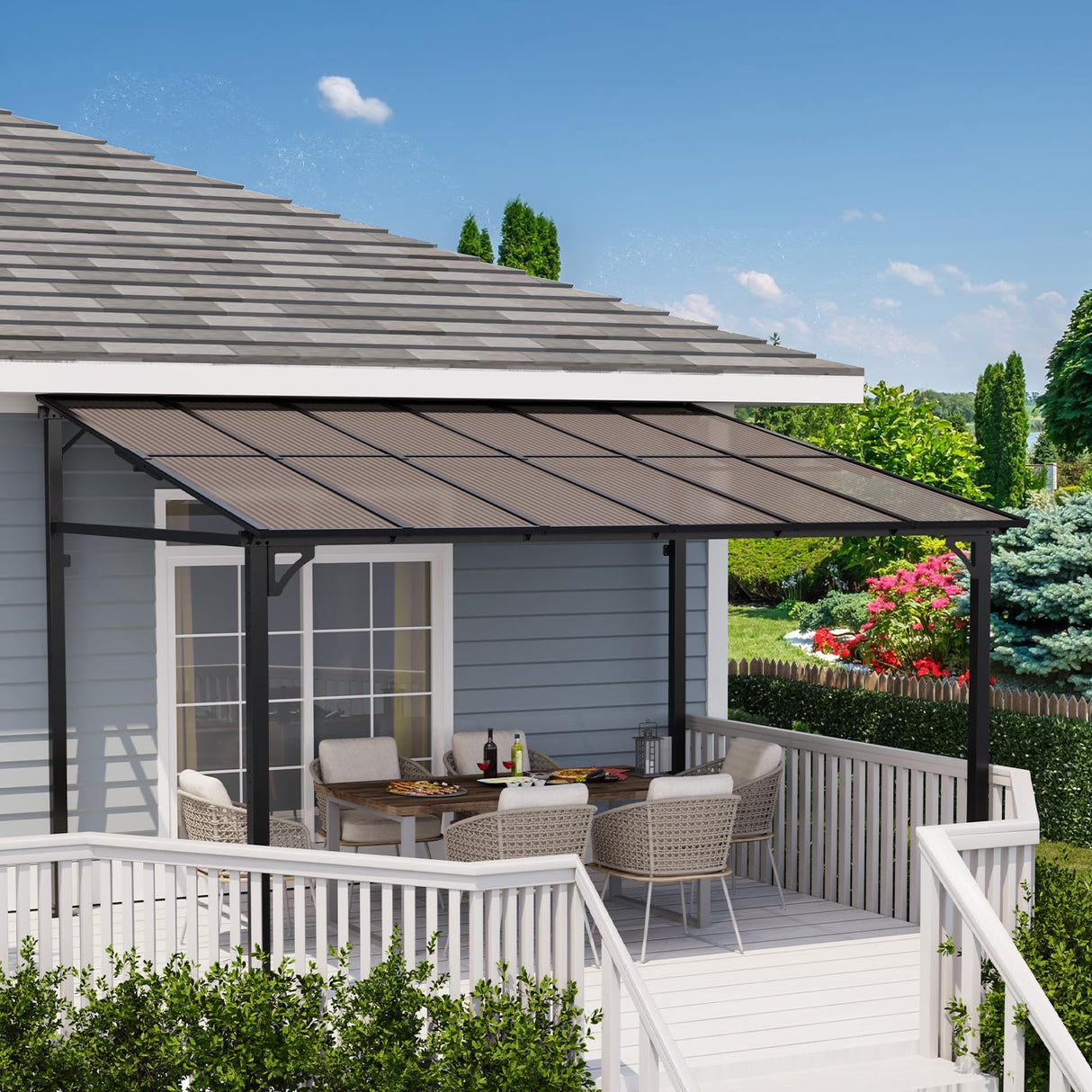 Garvee 10x12 Ft Outdoor Lean to Gazebo, Wall Mounted Patio Hardtop Gazebo Pergola with Polycarbonate Roof, Upgraded Steel Frame Hardtop Pavilion for Patio, Garden, Lawn, Deck Garvee