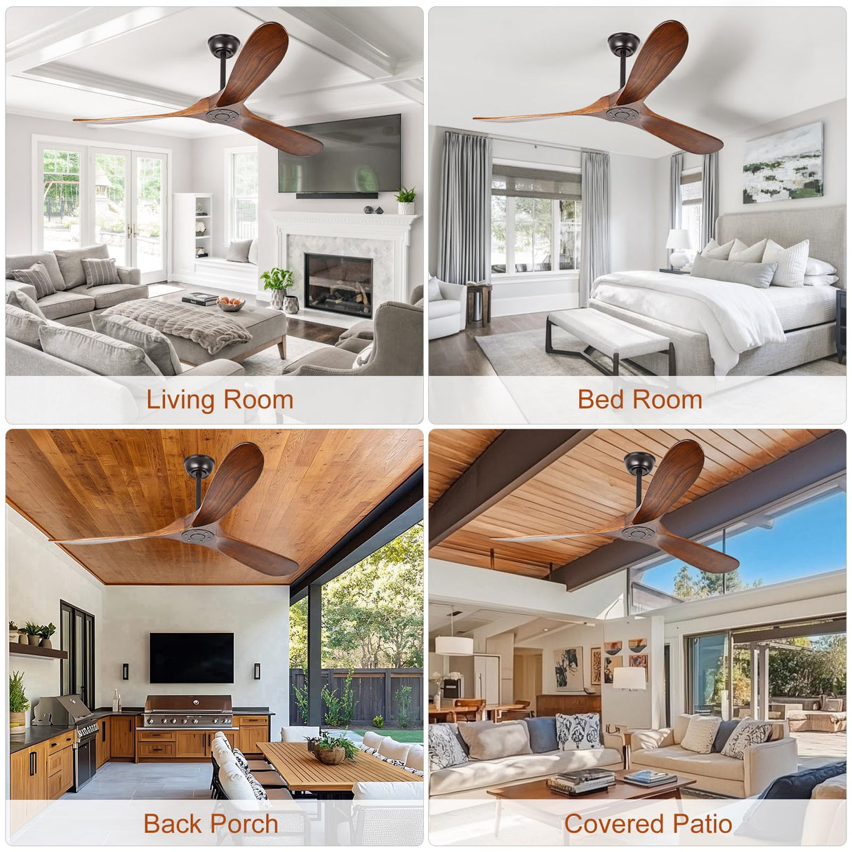 heimo 72 Inch Outdoor Ceiling Fans Without Lights，Wood Ceiling Fan No Light for Patios Living Room Bedroom Large Indoor Exterior Modern Farmhouse Propeller 3 Blade Wooden Fan with Remote (Walnut) heimo