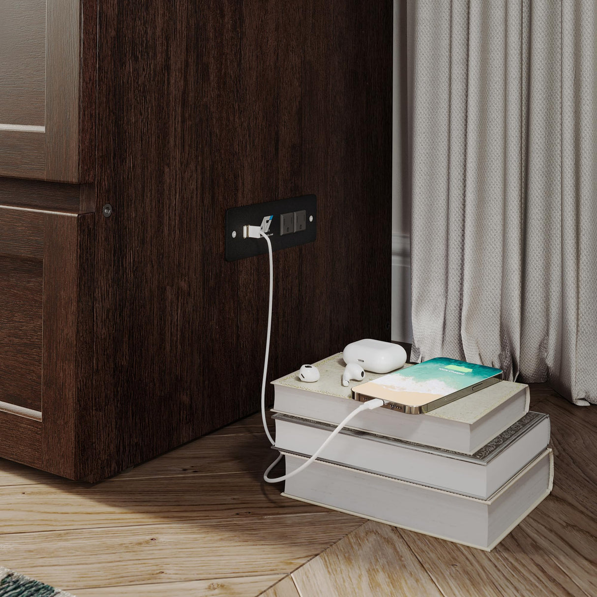 AFI, Northfield Murphy Bed Chest Full with 6" Mattress, Storage Drawer & Built-in USB Charger, Burnt Amber AFI