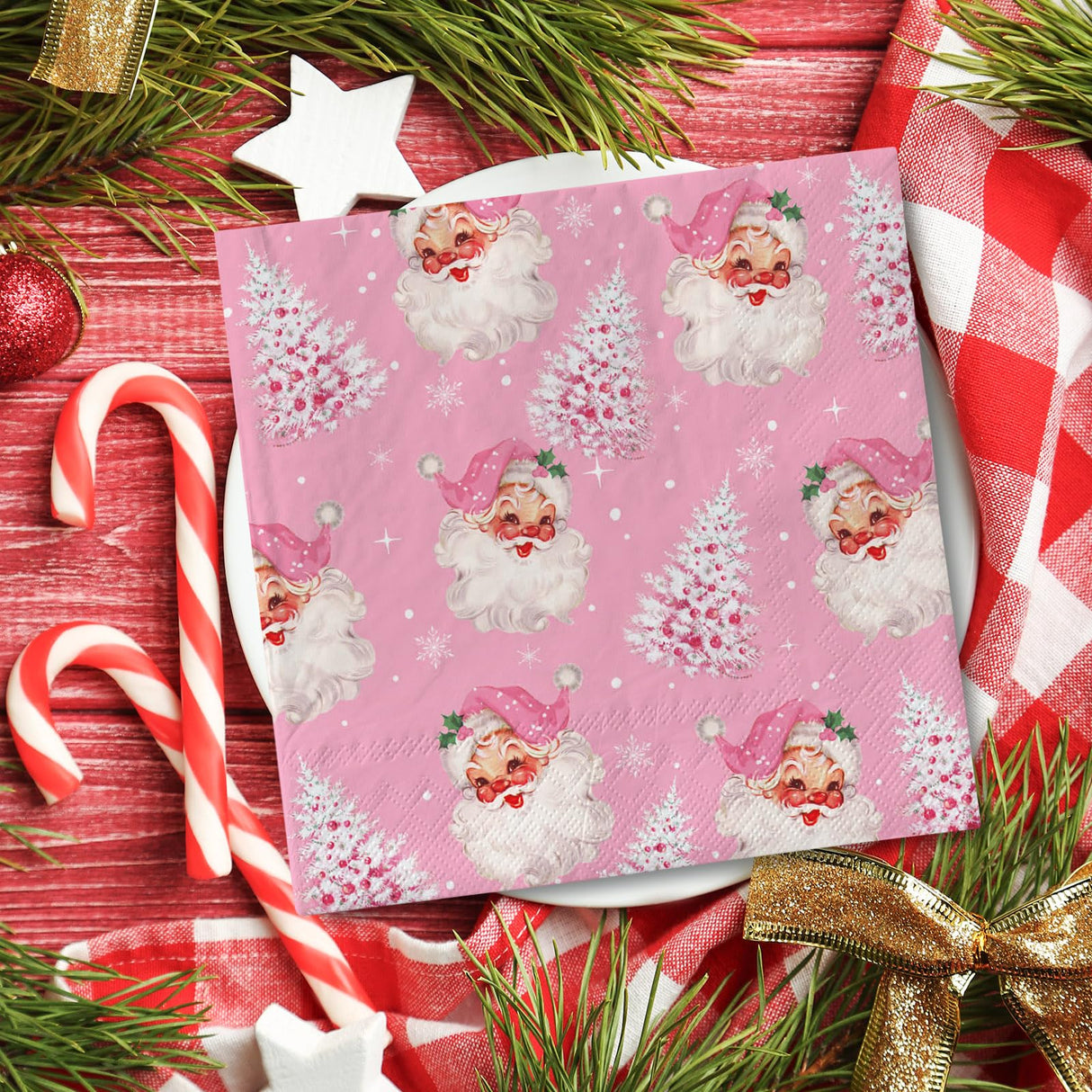 AnyDesign 80 Pack Pink Christmas Napkins Santa Xmas Tree Disposable Napkins Merry Christmas Paper Luncheon Napkins for Xmas Winter Holiday Birthday Party Supplies, 6.5 x 6.5 Inch Generic