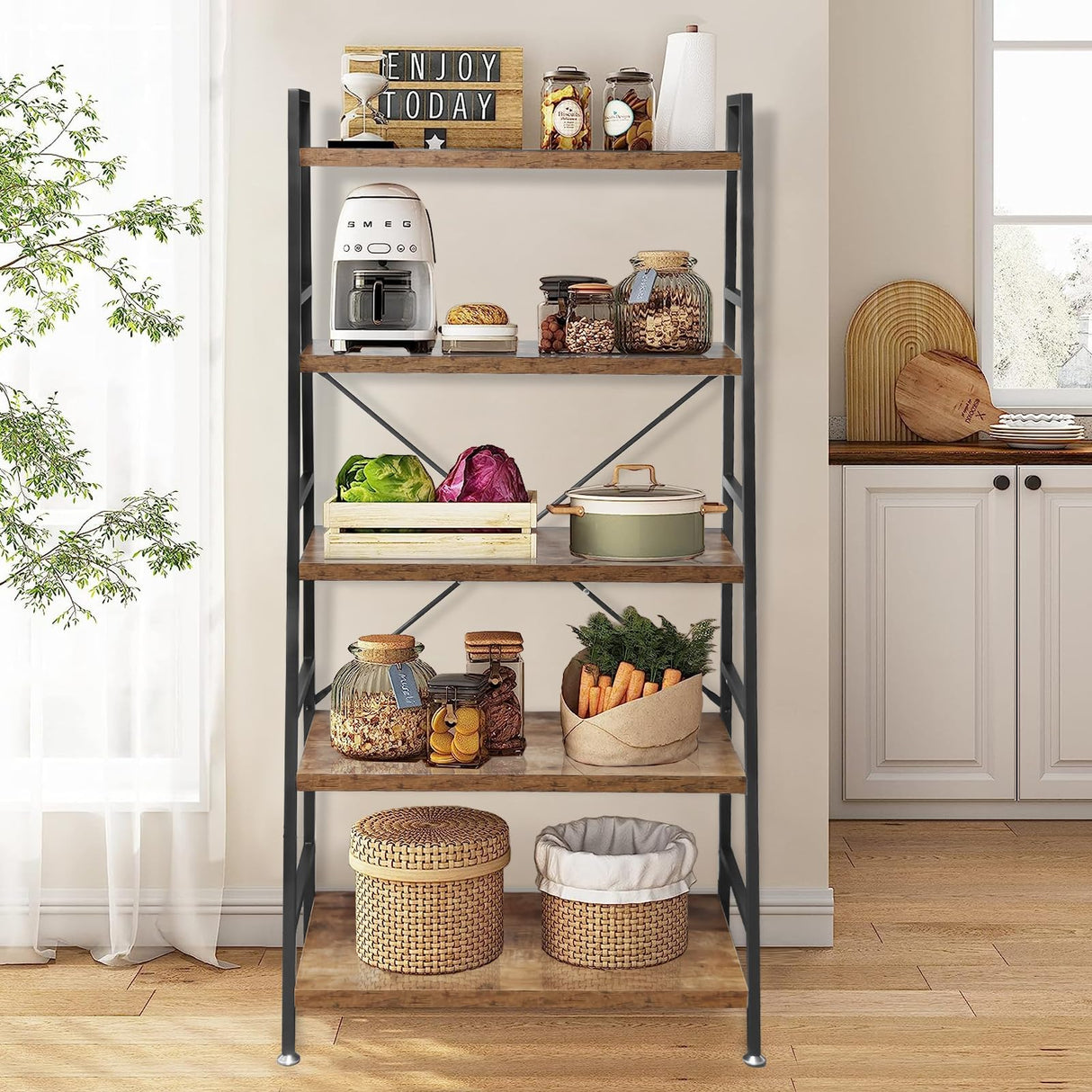 5 Tier Ladder Bookshelf, Heavy Duty Rustic Brown Wood and Metal Bookcase with 1.2" Thick Shelves, 63" H x 30" W x 14" D, Industrial Open Storage Shelving for Living Room, Bedroom, Kitchen TooCust