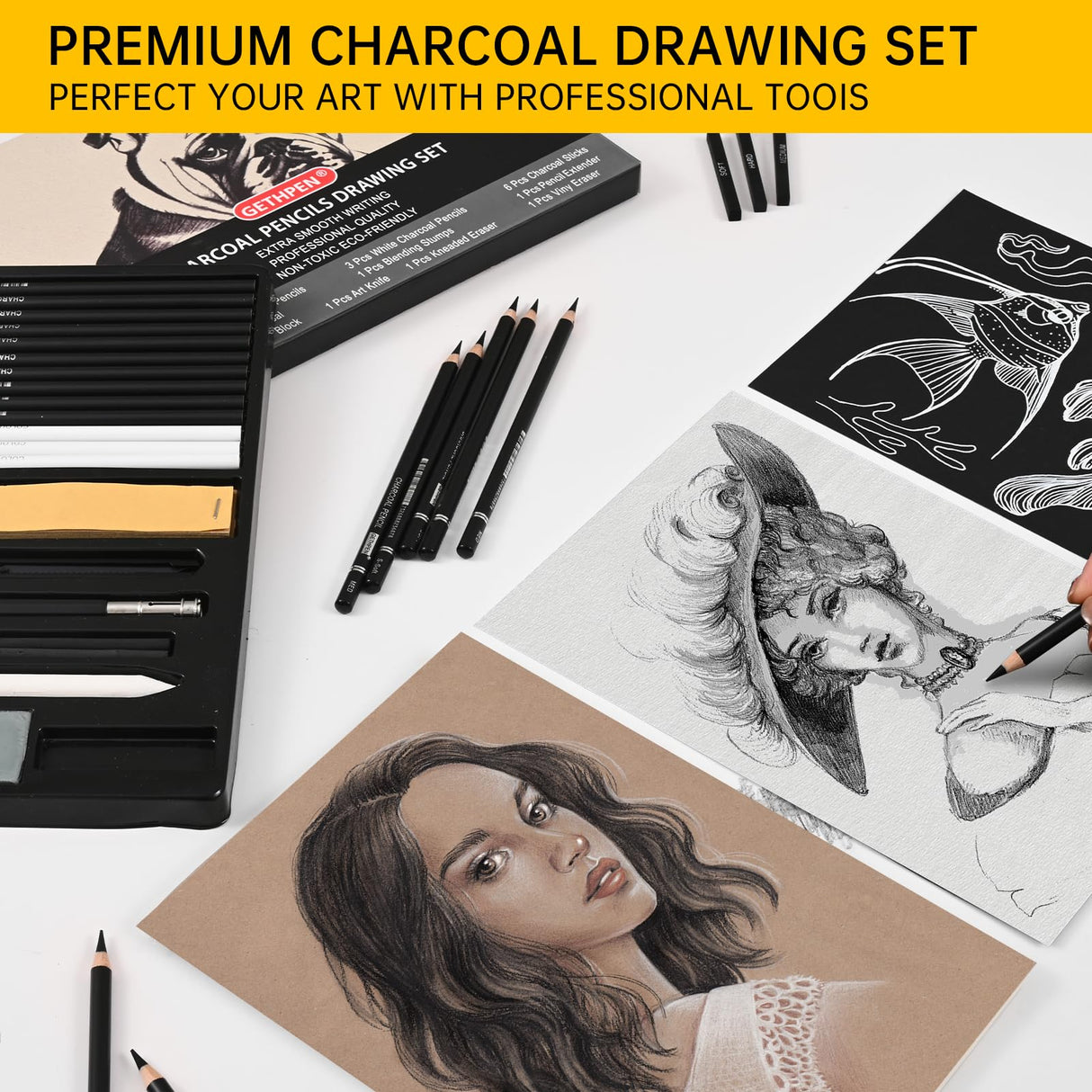 27 Piece Charcoal Drawing Set - Professional Black & White Charcoal Pencils for Sketching, Shading & Blending, Graphite Sticks with Artist Art Supplies Kit (Beginners & Professionals) GETHPEN