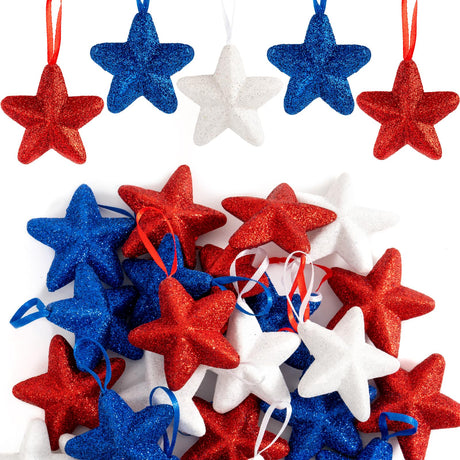 Memorial Day Tree Decorations, 4th of July Decorations Ornaments for Tree, 24pcs Red White Blue Decorations Patriotic Ornaments 2.5 Inch Hanging Stars for Independence Day Veteran Day Tree Home Decor GuassLee