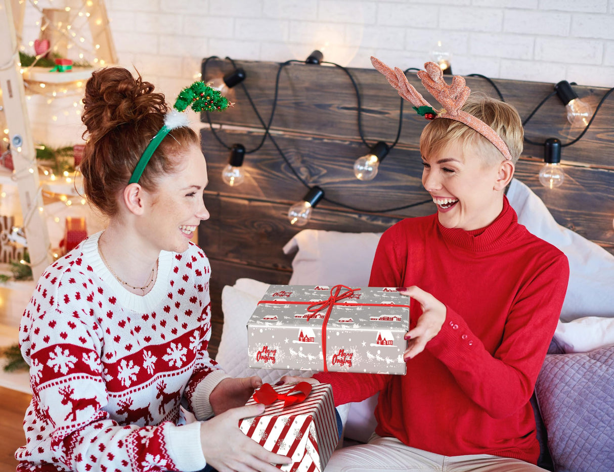 Cuitpan White Christmas Wrapping Paper Bundle for Kids Adults - Reindeer, Stripes, Woodlands, Snowflake, Red Truck Winter Scene Designs - 28 x 40 Inches, 6 Jumbo Sheets, Recycled Cuitpan
